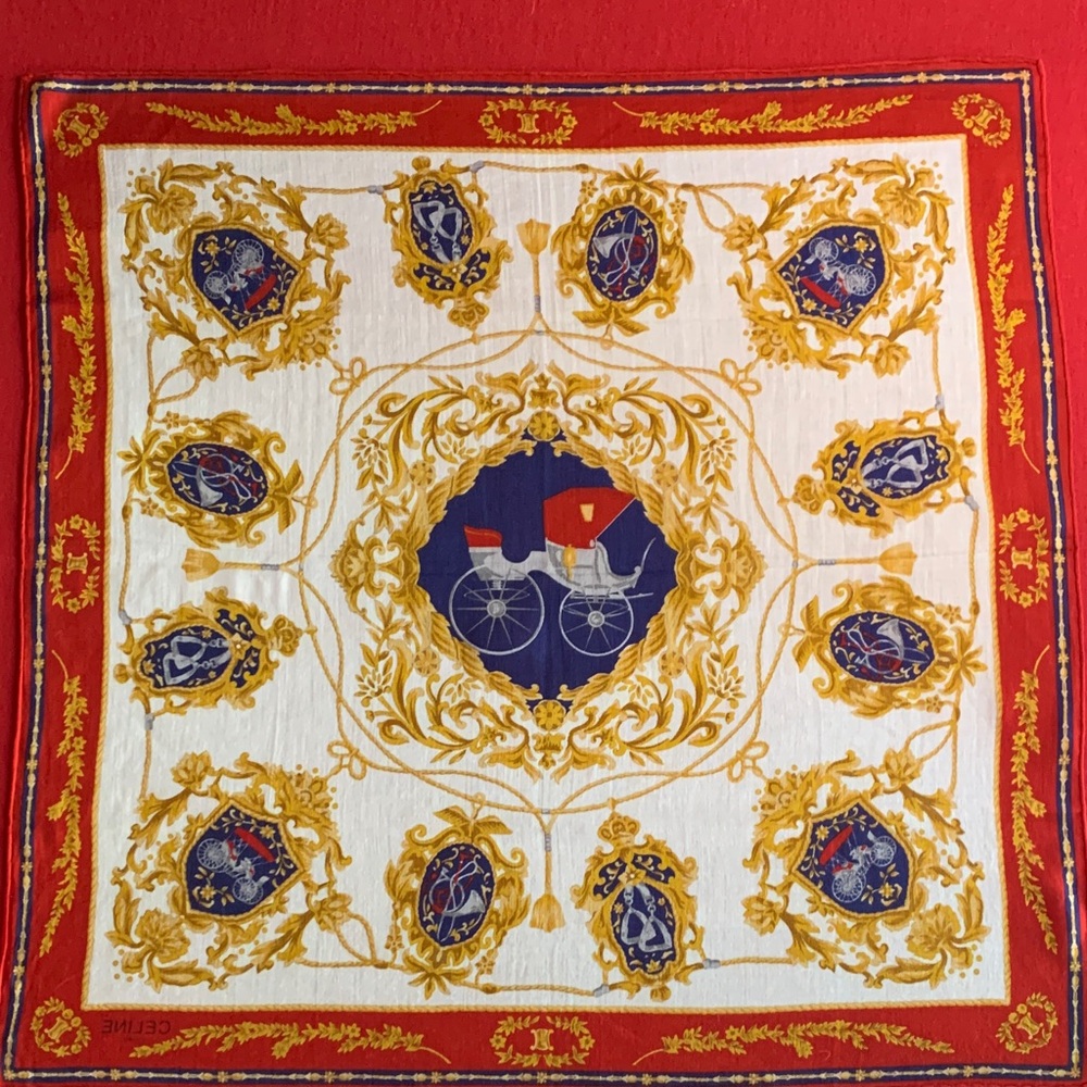 Celine Red, Blue and Gold Scarf with Carriage Motif - Picture 2 of 6